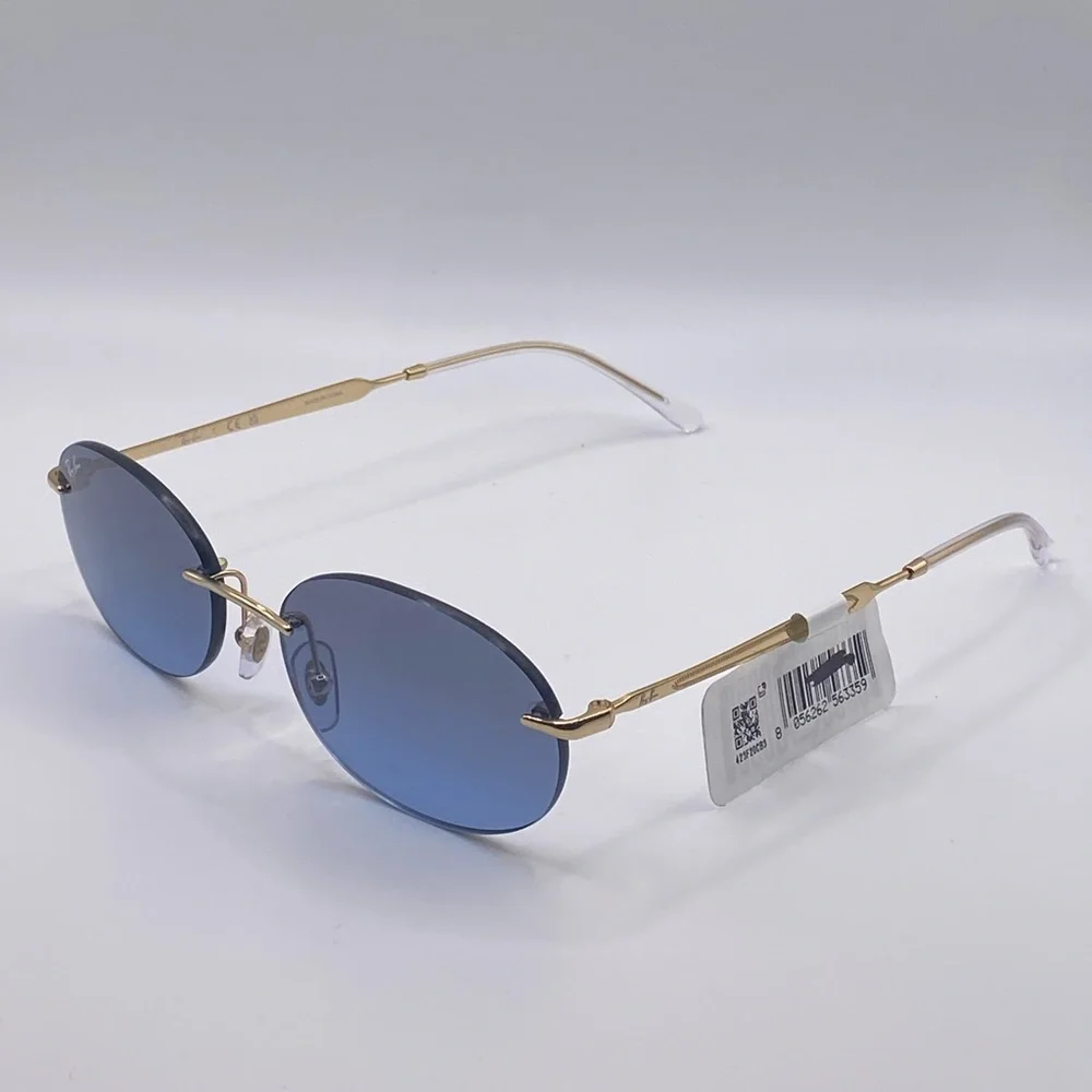 Ray-Ban Rimless Oval Sunglasses with Blue Lenses and Gold Temples